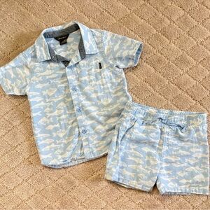 Eddie Bauer Cotton Linen Fish Print Button Down Shorts Outfit 18m